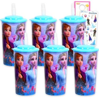 Imagem de Disney Conjunto de lembrancinhas de festa reutilizáveis Frozen - Pacote com 6 copos com canudos, adesivos e mais decorações de festa Frozen para meninas, crianças