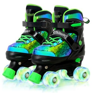 Imagem de Nattork Patins infantis para meninos e meninas, 4 tamanhos, ajustáveis, lantejoulas, quadriciclos com todas as rodas iluminadas para crianças iniciantes, presente de aniversário para esportes internos