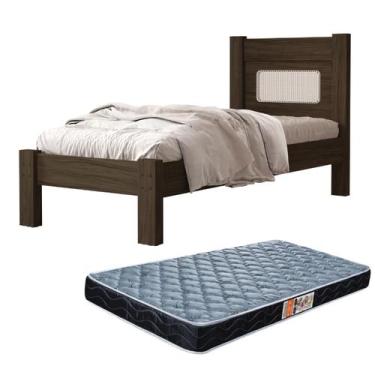 Imagem de Cama Para Quarto De Solteiro MDF Com Estrado Madeira Clara Com Colchão
