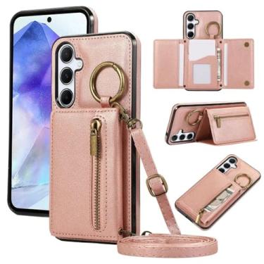 Imagem de Capa tipo carteira com porta-cartões transversal para Samsung Galaxy S24 S25 Ultra S23 FE S22 S21 Plus A56 A36 A26 A16 A55 A25 A35, capa de couro, ouro rosa, para Galaxy S21 FE