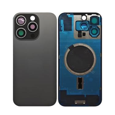 Imagem de 1 peça de vidro 2 em 1 peça de substituição da tampa traseira traseira para iPhone 16 PRO capa de vidro painel de porta de vidro peça de substituição com peças pequenas placa de metal magnética (preto