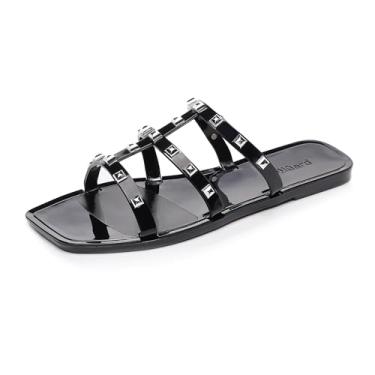 Imagem de OMGard Sandálias rasteiras femininas, sapatos cravejados de gelatina tamanho 9 vermelho elegante verão praia rebites tiras geleias deslizantes nos dedos abertos, Bico quadrado cravejado redondo preto