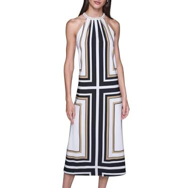 Imagem de Karl Lagerfeld Vestido midi feminino de crepe sedoso sem mangas com gola de corrente, Cáqui branco macio multi, 42