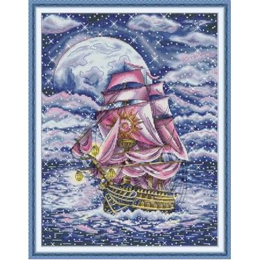 Imagem de CrossNest Kit de ponto cruz contado de 14 quilates para iniciantes, conjunto completo de bordado DIY não impresso com padrão e ferramentas, pano Aida premium e linhas (o veleiro sob o céu estrelado)