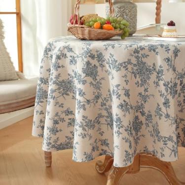Imagem de Wijiwevol Toalha de mesa floral redonda - toalha de mesa de linho lavável - design vintage azul para refeições internas e externas, piquenique, decoração de restaurante