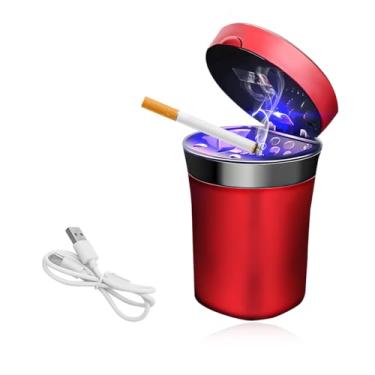 Imagem de NYTKL Cinzeiro de carro, alimentado por energia solar/recarregável por USB com isqueiro eletrônico, cinzeiro removível com tampa e luz azul LED para suporte de copo de carro, escritório em casa