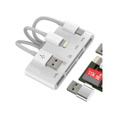 Imagem de Leitor de cartão SD USB C Lightning USB-A (5 em 3) adaptador OTG 3.0 leitor de cartão micro SD para iPhone 16 15 14 Pro Max cabo carregador para iPad Android para Apple TF Memory compatível com
