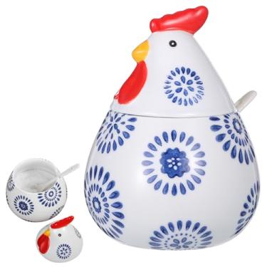 Imagem de CebraBounze Saleiro de cerâmica de 450 ml com tampa e colher, armazenamento de bancada grande com design de galo azul, jarra de cozinha multifuncional para sal kosher, pimenta, especiarias, ervas