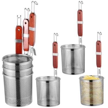 Imagem de Cestas de aço inoxidável 6 peças coador de macarrão, cabo de madeira com cesta de macarrão, macarrão de malha de fogão, escorredor de alimentos, escaldante de cesta para ferver legumes, bolinhos de