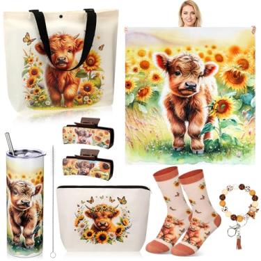 Imagem de FoldTier 8 peças presentes de vaca Highland para mulheres, coisas de vaca Highland para amantes, cobertor de 590 ml, sacola de lona, bolsa de maquiagem, meias, chaveiro, garra de cabelo, presente de