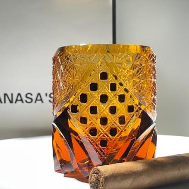 Imagem de suigetsu Copo de uísque de cristal japonês, design de vidro cortado Edo Kiriko, padrão tradicional de tempestade, âmbar
