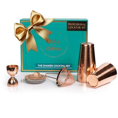 Imagem de Kit de coquetel de 5 peças da Bull in China – Conjunto de presente premium de barman inclui 2 peças ponderadas Boston Shaker, jigger de sino martelado, coador Hawthorne e coador de malha fina (cobre)