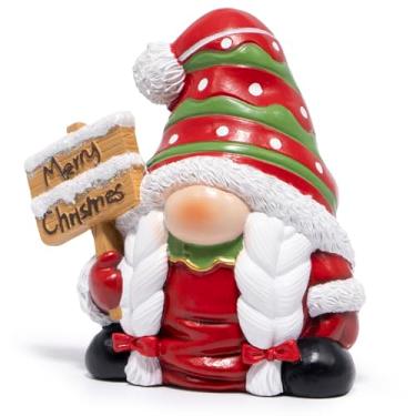 Imagem de Hodao Estatueta de menina gnomo de Natal – decorações internas de resina para casa, decoração de férias fofa com tranças e placa de "Feliz Natal", mini enfeites de mesa de 10 cm, presente para