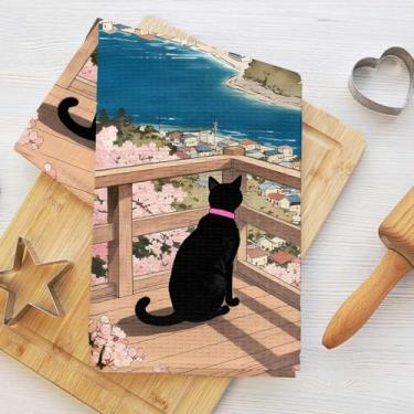 Imagem de Toalhas de cozinha de cenas de gato e natureza, toalha de prato decorativa de microfibra absorvente estilo japonês, toalhas de chá de waffle para cozinha, casa, banheiro, presentes para amantes de