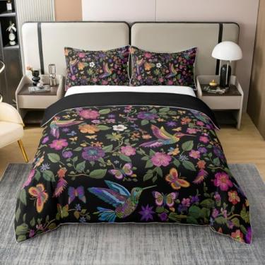 Imagem de Erosebridal 100% algodão beija-flor capa de edredom Queen, conjunto de cama floral arco-íris para mulheres, homens e meninas, borboletas, animais selvagens, capa de edredom de flores em aquarela,