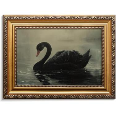 Imagem de Vodefoad Arte de parede com moldura de ouro preto retrô Cisne Negro Decoração Gótica Dark Academia Decoração de casa Moody Vintage Pintura a óleo Estética Vitoriana Gótica para Galé Sala de Estar