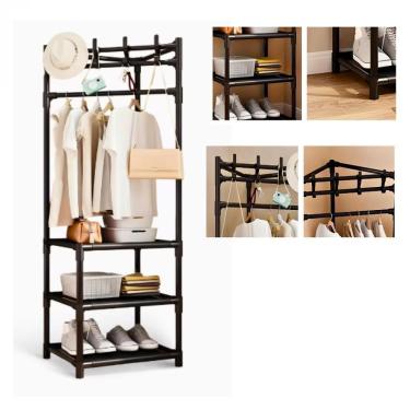 Imagem de Armario Organizador Rack Canto Cabides Roupas Portatil Dobravel Aberto Arara Sapateira