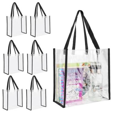 Imagem de 6 peças de sacos plásticos de PVC transparentes aprovados para estádio com alças, sacolas transparentes transparentes com acabamento preto, para trabalho, praia, shows, praia, esportes e compras, 30,5