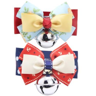 Imagem de Chewtoyo Coleiras ajustáveis para animais de estimação com sinos de metal e laço decorativo feito à mão, conjunto de 2 coleiras para filhotes e gatos com estampa leve