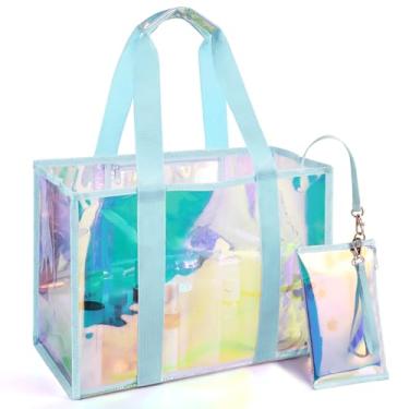 Imagem de todbown Bolsa de praia transparente iridescente: impermeável e leve com bolsa de telefone destacável - essencial para viagens, litoral, Azul, X-Large, Bolsa de praia transparente iridescente