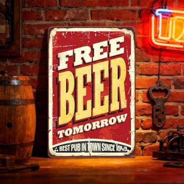 Imagem de 1 peça de arte de parede de placa de lata de cerveja vintage - decoração de pub de metal à prova de ferrugem com frases retrô cerveja fria melhor na cidade, bar e placa de metal caverna masculina