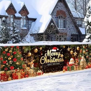 Imagem de HOMETITUTE Banner de Natal dourado vermelho 3 x 3 m grande faixa de Feliz Natal com árvore Papai Noel e rena para festas de fim de ano, jardim, decoração de casa interna, exibição de pano de fundo