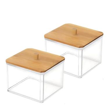 Imagem de Kit Higiene com 2 Porta Algodão e Cotonete em Acrílico, Tampa de Bambu, Organizador Moderno para Banheiro e Quarto
