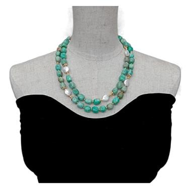 Imagem de URMIBDAI Colares femininos de 13 mm, moeda branca cultivada em água doce, pérola de 12 mm, colar de amazonita verde, feito à mão, joias femininas de designer