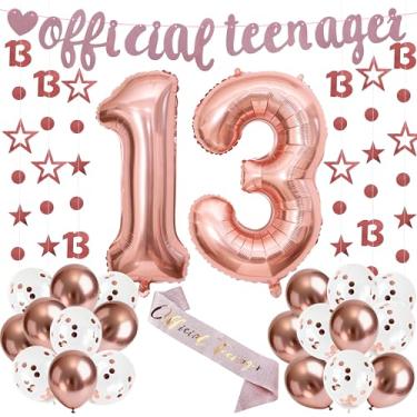 Imagem de J6&H6 Decorações de aniversário de 13 anos para meninas, enfeite de pendurar estrela oca ouro rosa com glitter com o número 13, balão decorado com lantejoulas, cinto de princesa de ouro rosa para