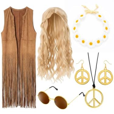Imagem de Shihanee Roupas femininas dos anos 60, 70, discoteca, hippie, conjunto hippie, colete com franja, roupa feminina, fantasia de Halloween, Multicor, M