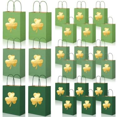 Imagem de FOGWOWO 24 peças de sacos de presente verdes do dia de São Patrício a granel de folha dourada sacos de petisco de trevo papel kraft com alças sacos de guloseimas para lembrancinhas de festa de férias