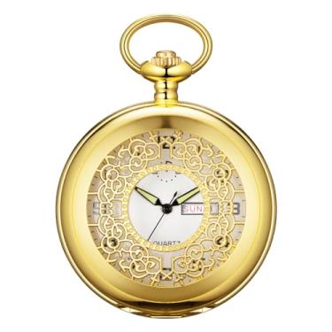 Imagem de BOSHIYA Relógio de bolso masculino de quartzo oco clássico, árabe, digital, luminoso, mostrador e data, com corrente, presente de aniversário de formatura de Natal, Caixa dourada prateada 852