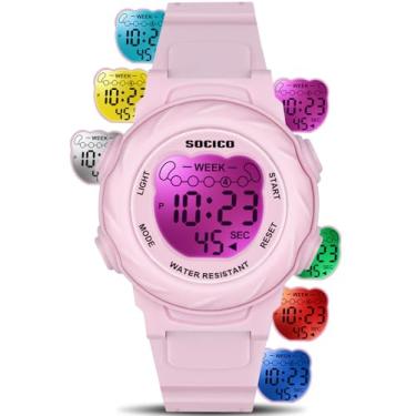 Imagem de SOCICO Relógios digitais infantis para meninas e meninos, 7 luzes coloridas, à prova d'água, para esportes ao ar livre, relógio de pulso com cronômetro, alarme, data, ótimo presente para crianças de 5