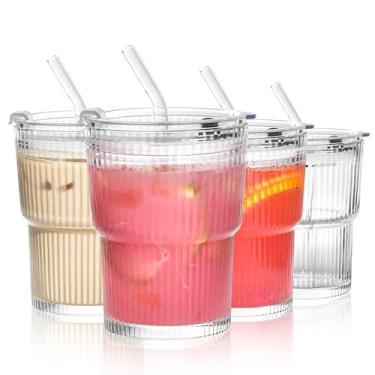 Imagem de Icesip Copo de vidro de 368,5 g com tampas e canudos, copo canelado, copo de café gelado à prova de vazamento, conjunto de 4 para suco de smoothie de refrigerante (transparente*4)