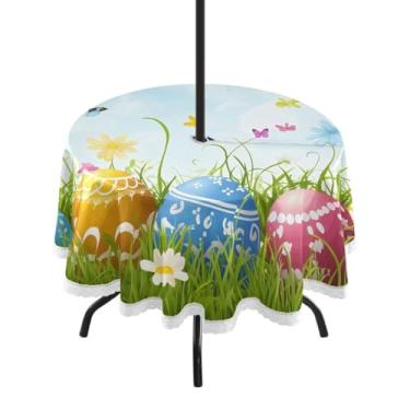 Imagem de Blueangle Toalha de mesa redonda impermeável com ovos de Páscoa de 152 cm com orifício para guarda-chuva - Tecido resistente à prova de sol para todos os climas para pátio, acampamento, piquenique(135