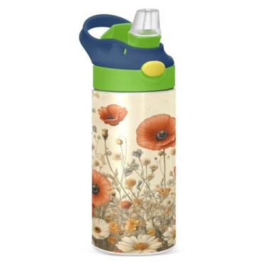 Imagem de Blueangle Garrafa de água isolada de flores silvestres e borboletas de aço inoxidável de 350 ml com tampa de canudo - Garrafa esportiva reutilizável à prova de vazamento para viagens, ao ar livre #400