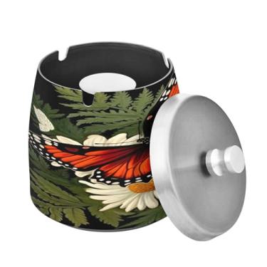 Imagem de Blueangle Cinzeiro de borboleta e flores com tampa para cigarros, à prova de vento/chuva, aço inoxidável, sem fumaça, inodoro, cinzeiro para uso interno ou externo (371)