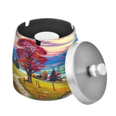 Imagem de Blueangle Lindo cinzeiro Country Road com tampa para cigarros, à prova de vento/chuva, aço inoxidável, sem fumaça, inodoro, cinzeiro para uso interno ou externo (450)