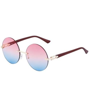 Imagem de JRLLFD Óculos de sol redondos sem aro, da moda, para mulheres, luxuosos, armação grande, para áreas externas, verão, para dirigir, UV400 (marrom, rosa, azul)