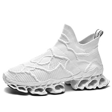 Imagem de Poramea Mocassins masculinos sem cadarço para caminhada, tênis de corrida sem cadarço, tênis de malha para trilha jogging casual atlético, Branco, 37