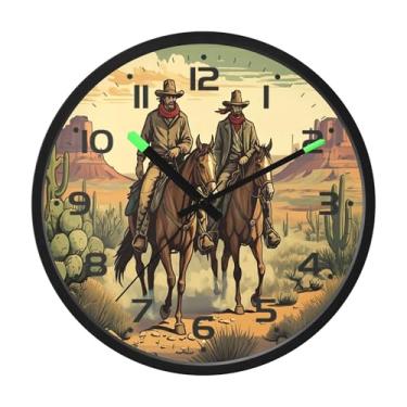Imagem de SEHANY Relógio de parede Western Cowboy silencioso sem tique-taque, relógio redondo operado por bateria, controle de som, luz noturna, relógios de parede para sala de estar, cozinha, quarto