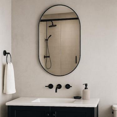 Imagem de Espelho Cápsula Decoração Premium Do Tamanho Compacto ao Corpo Inteiro Design Moderno com Máxima Amplitude para Banheiro Quarto Sala Hall Camarim (Preto, 80x50)