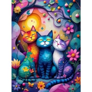 Imagem de KTHOFCY Kits de pintura de diamante animal DIY 5D para adultos, três gatos se aquecendo ao sol entre flores, bordado ponto cruz artes de cristal, decoração de parede, kits de pontos 11,78 x 15,17 cm