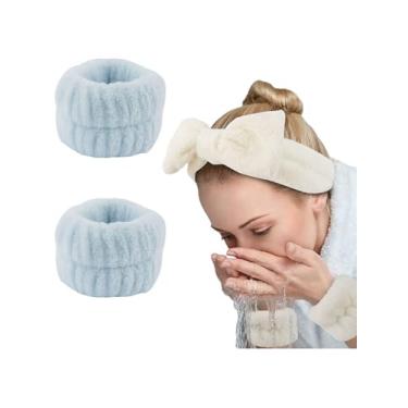 Imagem de Pulseiras para lavar o rosto, 2 pulseiras absorventes de microfibra para spa, toalhas elásticas de lavagem facial para mulheres e crianças (azul)