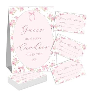 Imagem de Placa Guess How Many Candies (1 placa de pé e 50 cartões de adivinhação) Kit de cartas de jogo de atividades com tema de arco rosa para chás de bebê, festas de recém-nascidos, chá de noivado de