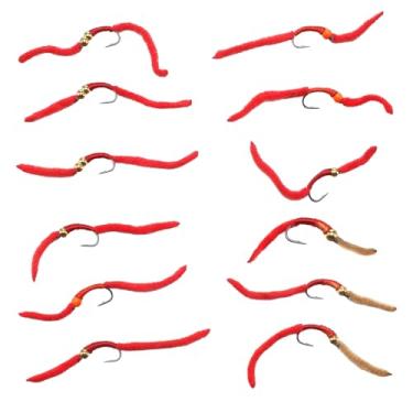 Imagem de Soulchen 12 peças San Juan Worm Truut Fly Sortido Squirmy Wormy Fly 12 Red Wet Nymph Flies 4 padrões para anzol tamanho 10 truta robalo salmão e outros peixes de água doce