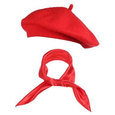 Imagem de Conjunto de chapéu e cachecol de boina francesa vermelha para mulheres, gorro clássico vermelho, acessório de fantasia de festa com tema francês para Halloween, Natal ou eventos ao ar livre