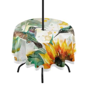 Imagem de CEBUGI Toalha de mesa redonda para ambientes externos, girassol, beija-flor, impermeável, com furo Umberlla, capa de mesa lavável para pátio, cozinha, sala de jantar, 152 cm