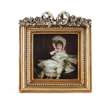 Imagem de S GMOMENT Porta-retratos vintage, tamanho carteira antiga 7,5 x 7,6 cm, molduras quadradas com laço e flor, para decoração de parede de galeria ornamentada, bronze, quadrado