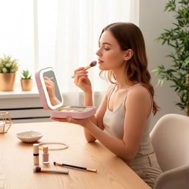 Imagem de Estojo de Joias com Espelho LED, Rosa, 16,5x11,5x16cm, Iluminação 3 Modos, Carregamento USB, Organizador de Maquiagem e Acessórios, Bateria 1200mAh